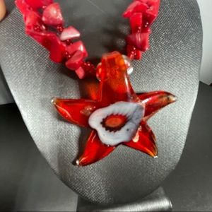 Glass Bead Star Fish Bright Red OOAK Necklace